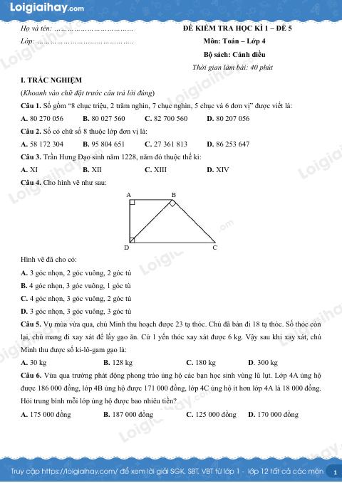 Đề kiểm tra học kì 1 Toán 4 Cánh diều - Đề số 5